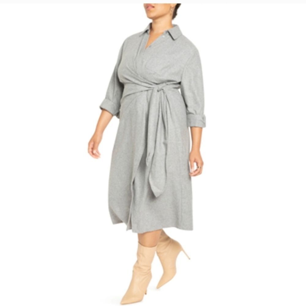 Eloquii Nwt Wrap Waist Long Sleeve Wool Blend Shirtdress in Light Gray Size 18